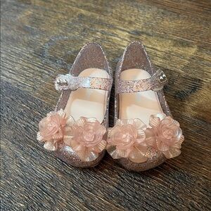 Glittery Pink Mini Melissa’s Baby Shoes with Floral Accents
